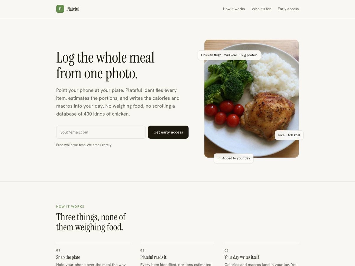 The Plateful landing page Ontfly generated: headline "Log the whole meal from one photo", an email signup, and a photo of a plate annotated with its calories